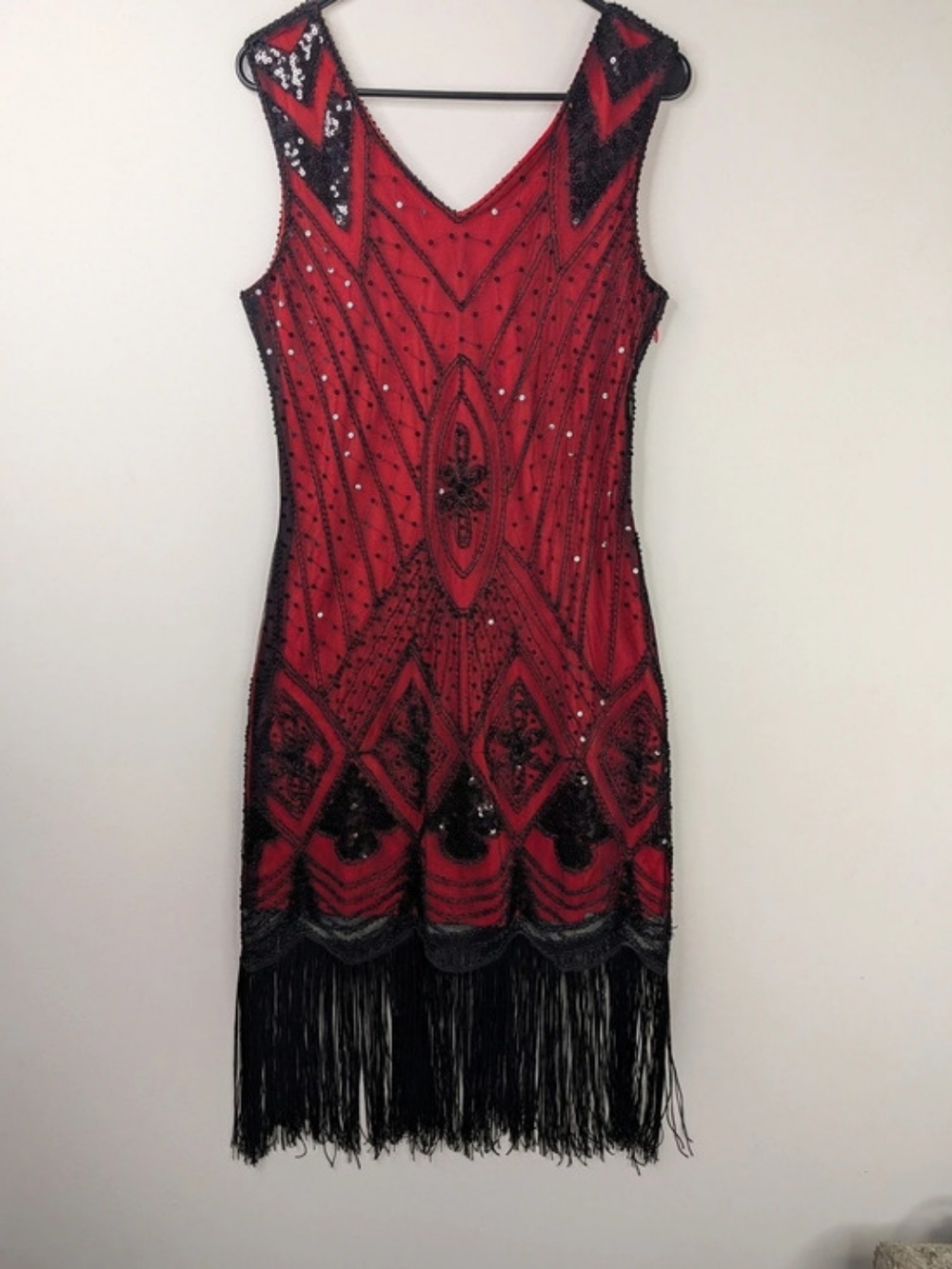 Red & Black Beaded Fringe Mini Dress
